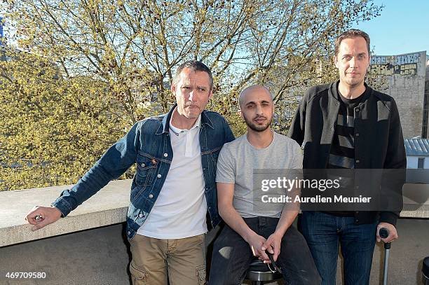 Laurent Jacqua, Mehdi Idir and Grand Corps Malade attend 'Le Bout Du Tunnel' Paris Premiere at Cinema Louxor on April 14, 2015 in Paris, France.