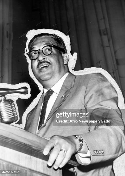 Half length portrait of justice Thurgood Marshall giving a speech, 1967.