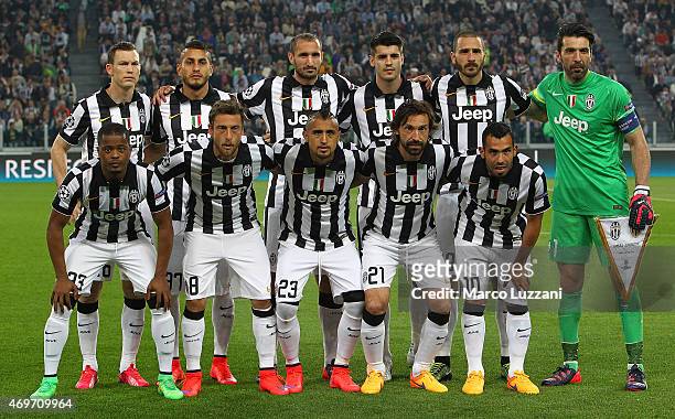 Juventus FC team line up before the UEFA Champions League Quarter Final First Leg match between Juventus and AS Monaco FC at Juventus Arena on April...