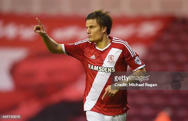 Jelle Vossen of Middlesbrough celebrates as he scores their first goal during the Sky Bet Championship match between Middlesbrough and Wolverhampton...