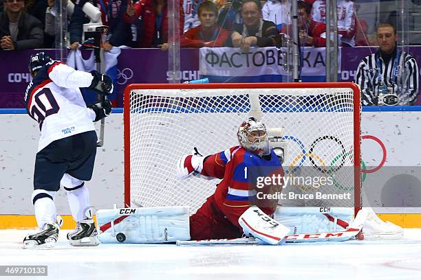 Tomas Tatar of Slovakia misses a shot against Semyon Varlamov of Russia in a shoot out during the Men's Ice Hockey Preliminary Round Group A game on...