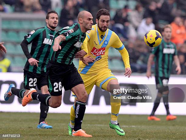 Paolo Cannavaro of US Sassuolo Calcio and Gonzalo Higuain of SSC Napoli compete for the ball during the Serie A match between US Sassuolo Calcio and...