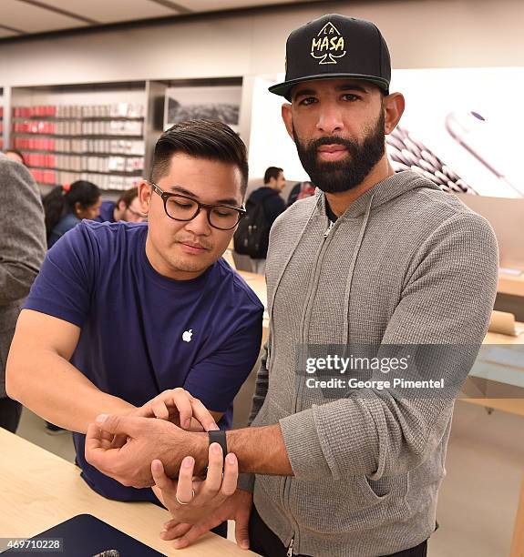 Toronto Blue Jay player Jose Bautista Tries On Apple Watch At The Apple Store in the Eaton Centre Shopping Centre on April 14, 2015 in Toronto,...