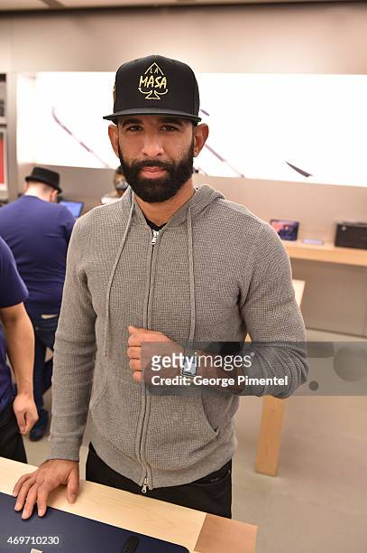 Toronto Blue Jay player Jose Bautista Tries On Apple Watch At The Apple Store in the Eaton Centre Shopping Centre on April 14, 2015 in Toronto,...