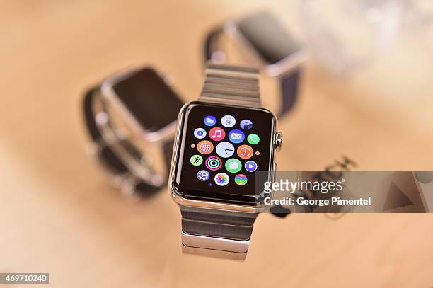 Detail view of the Apple Watch while Toronto Blue Jay player Jose Bautista Tries it on at the Eaton Centre Shopping Centre on April 14, 2015 in...