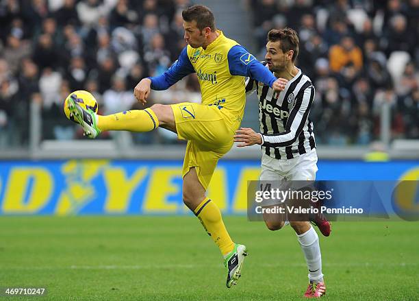 Fernando Lorente of Juventus competes with Michele Canini of AC Chievo Verona during the Serie A match between Juventus and AC Chievo Verona at...