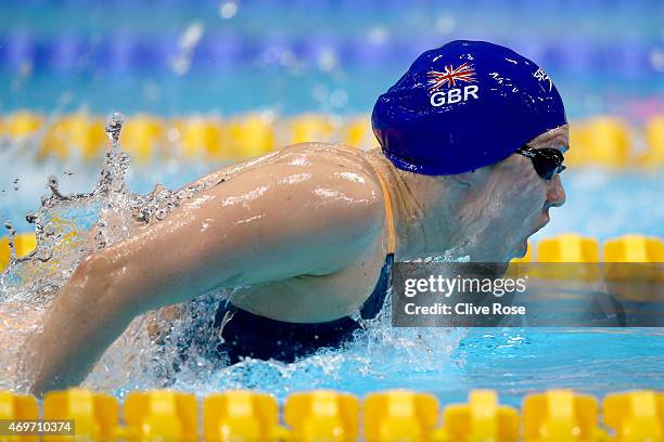 Jemma Lowe of Bath University competes in the Womens 200m Butterfly Final on day one of the British Swimming Championships at Aquatics Centre on...