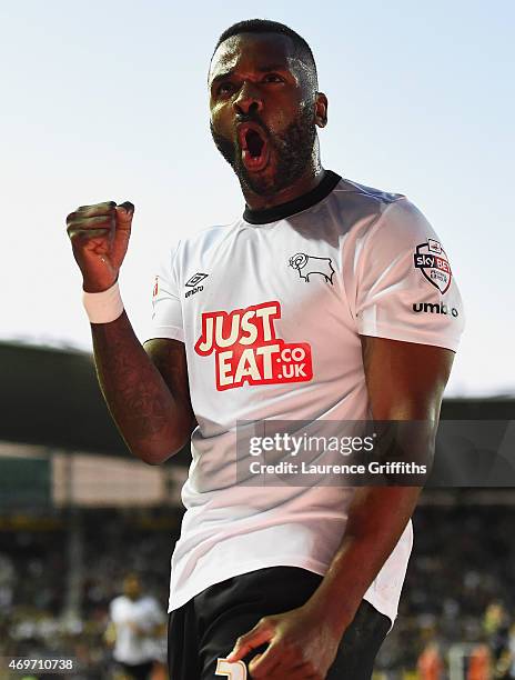 Darren Bent of Derby County celebrates as he scores their third goal during the Sky Bet Championship match between Derby County and Blackpool at iPro...