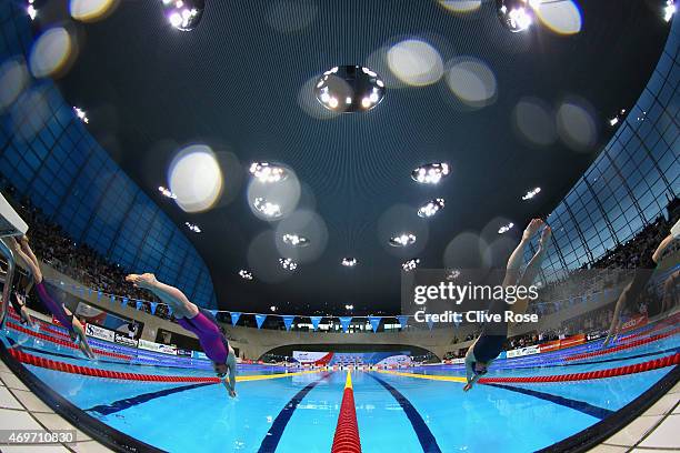 Jemma Lowe of Bath University and Hannah Miley of Garioch start the Womens 200m Butterfly Final on day one of the British Swimming Championships at...