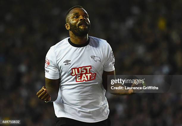 Darren Bent of Derby County celebrates as he scores their third goal during the Sky Bet Championship match between Derby County and Blackpool at iPro...
