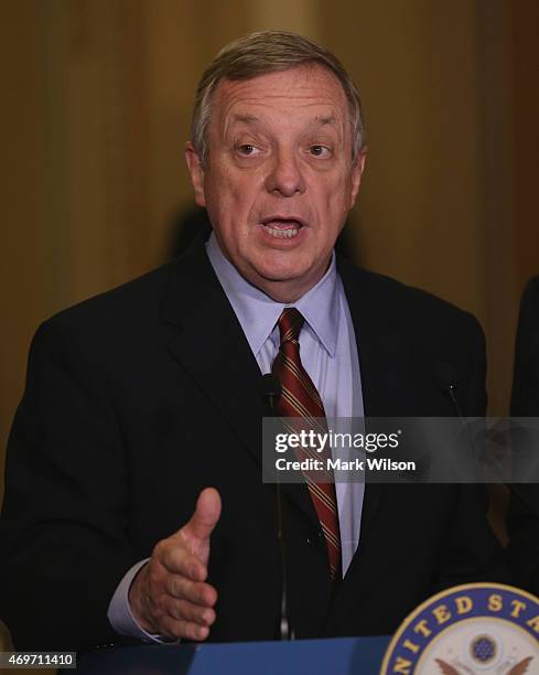 Sen. Dick Durbin speaks to the media during a news conference at the U.S. Capitol April 14, 2015 on Capitol Hill in Washington, DC. Both Senate...