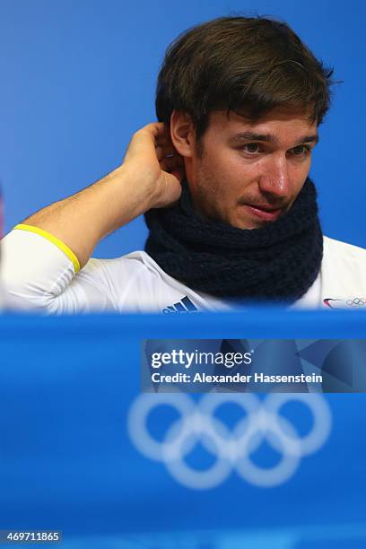 Felix Neureuther looks on during the German Alpine Team press conference at the Gorki Press Centre in the Rosa Khutor Mountain Cluster on February...