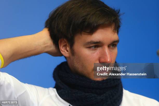 Felix Neureuther looks on during the German Alpine Team press conference at the Gorki Press Centre in the Rosa Khutor Mountain Cluster on February...