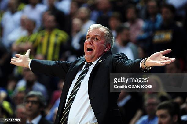Fenerbahce Ulker's Serbian head coach Zelimir Obradovic reacts during the Euroleague playoffs round 1 basketball match between Fenerbahce Ulker and...