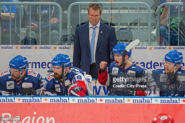 Coach Geoff Ward of the Adler Mannheim looks on during the game between Adler Mannheim and ERC Ingolstadt on april 14, 2015 in Mannheim, Germany.