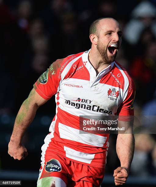 Charlie Sharples of Gloucester celebrates scoring their first try during the Aviva Premiership match between Leicester Tigers and Gloucester at...
