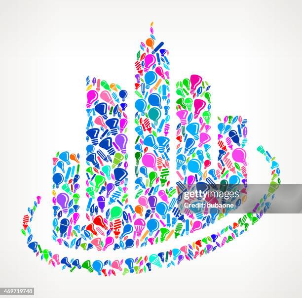 city buildings on vector light bulb pattern background - led light pattern stock illustrations