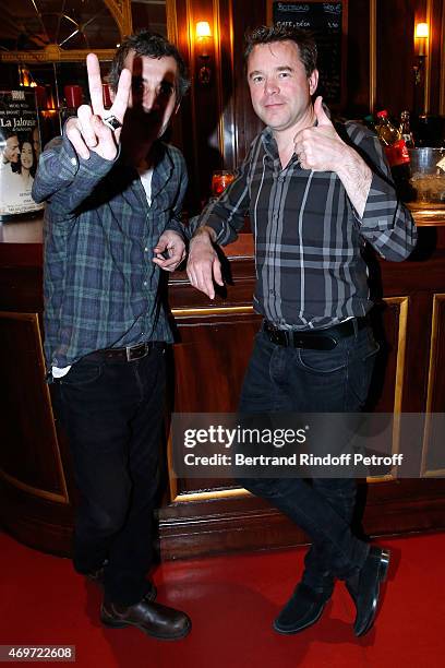 Actors Eric Elmosnino and Guillaume de Tonquedec attend 'Un Diner d'Adieu' : 200th Show at Theatre Edouard VII on April 14, 2015 in Paris, France.