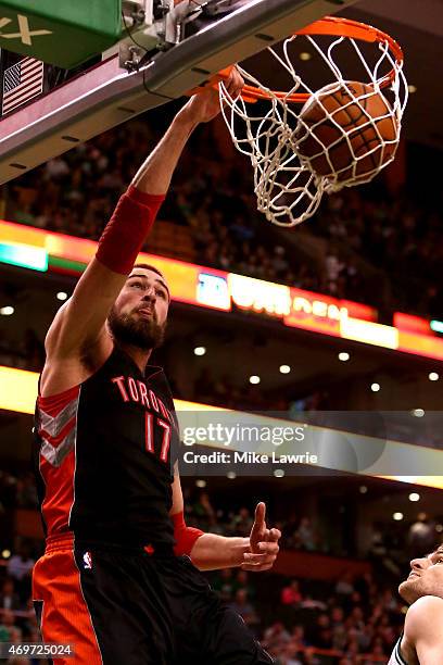 Jonas Valanciunas of the Toronto Raptors dunks in the first quarter against the Boston Celtics at TD Garden on April 14, 2015 in Boston,...