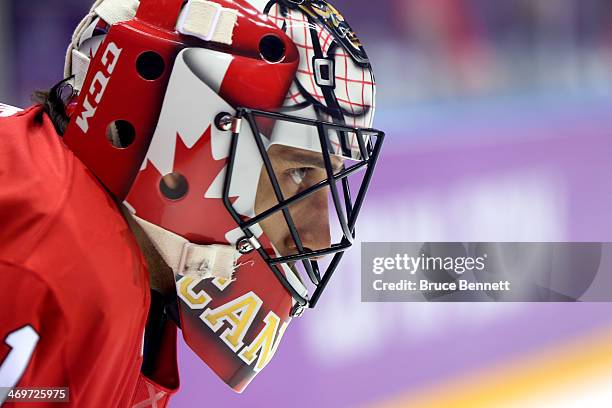 Roberto Luongo of Canada looks on prior to the Men's Ice Hockey Preliminary Round Group B game against Finland on day nine of the Sochi 2014 Winter...