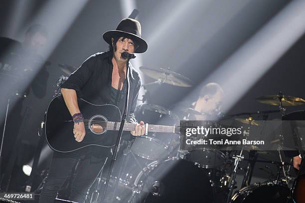 Singer Nicolas Sirkis from 'INDOCHINE' performs during the 'Les Victoires de la musique 2014' ceremony at Le Zenith on February 14, 2014 in Paris,...