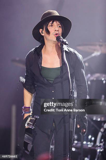 Singer Nicolas Sirkis from 'INDOCHINE' performs during the 'Les Victoires de la musique 2014' ceremony at Le Zenith on February 14, 2014 in Paris,...