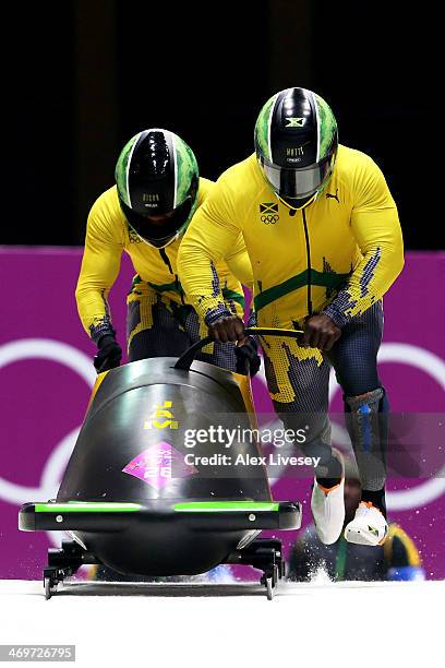 Pilot Winston Watts and Marvin Dixon of Jamaica team 1 make a run during the Men's Two-Man Bobsleigh heats on Day 9 of the Sochi 2014 Winter Olympics...