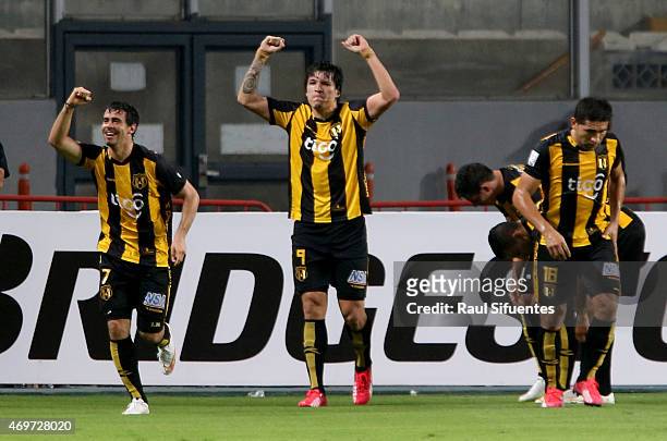 Federico Santander of Guarani celebrates the first goal of his team against Sporting Cristal during a match between Sporting Cristal and Guarani as...