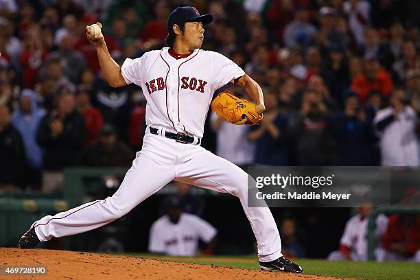 Koji Uehara of the Boston Red Sox pitches against the Washington Nationals during the ninth inning at Fenway Park on April 14, 2015 in Boston,...