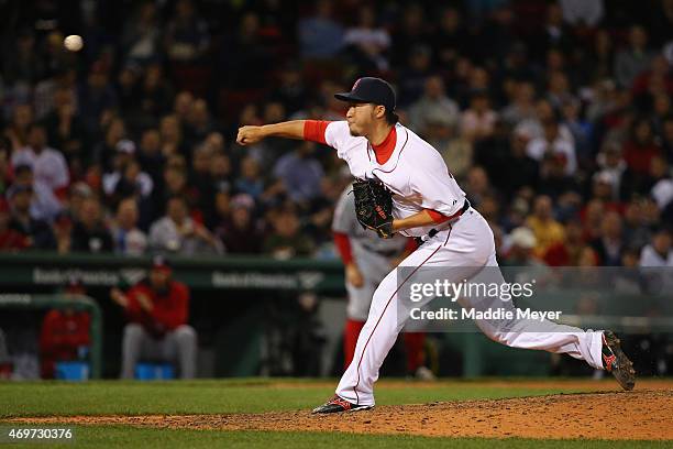 Junichi Tazawa of the Boston Red Sox pitches against the Washington Nationals during the eighth inning at Fenway Park on April 14, 2015 in Boston,...