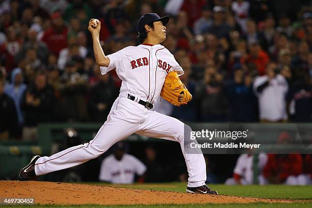 Koji Uehara of the Boston Red Sox pitches against the Washington Nationals during the ninth inning at Fenway Park on April 14, 2015 in Boston,...