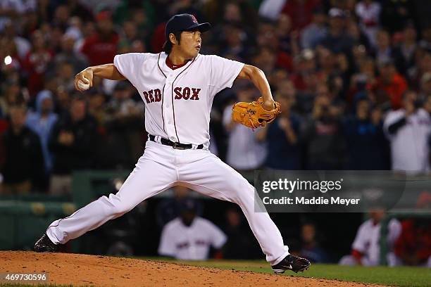 Koji Uehara of the Boston Red Sox pitches against the Washington Nationals during the ninth inning at Fenway Park on April 14, 2015 in Boston,...