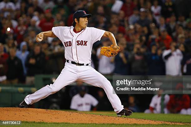 Koji Uehara of the Boston Red Sox pitches against the Washington Nationals during the ninth inning at Fenway Park on April 14, 2015 in Boston,...