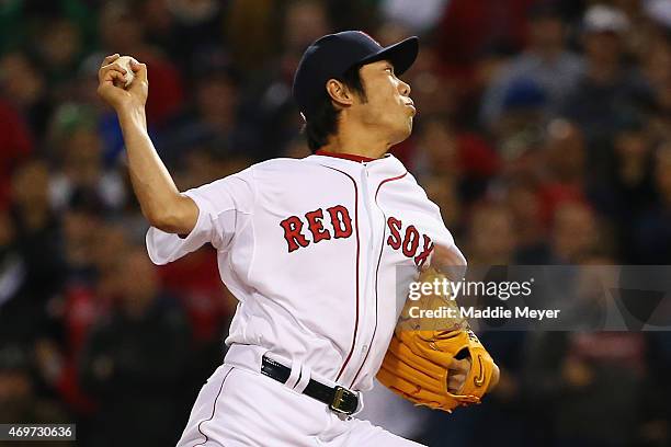 Koji Uehara of the Boston Red Sox pitches against the Washington Nationals during the ninth inning at Fenway Park on April 14, 2015 in Boston,...