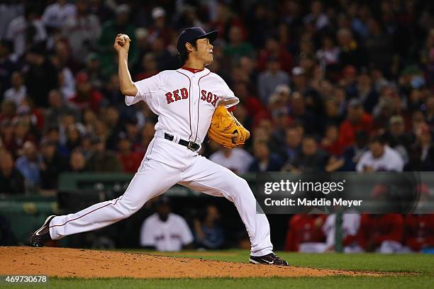 Koji Uehara of the Boston Red Sox pitches against the Washington Nationals during the ninth inning at Fenway Park on April 14, 2015 in Boston,...