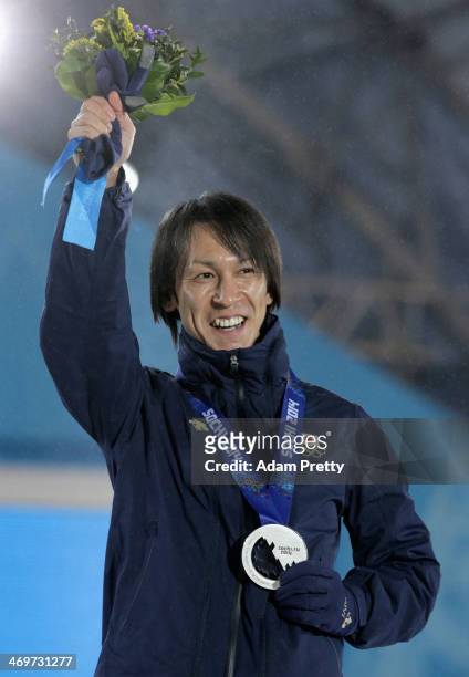 Silver medalist Noriaki Kasai of Japan celebrates on the podium during the medal ceremony for the Mens Large Hill Individual on day 9 of the Sochi...