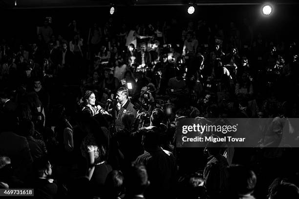 Model and actress Ximena Navarrete talks with the media during day one of Mercedes-Benz Fashion Week Mexico Fall/Winter 2015 at Campo Marte on April...
