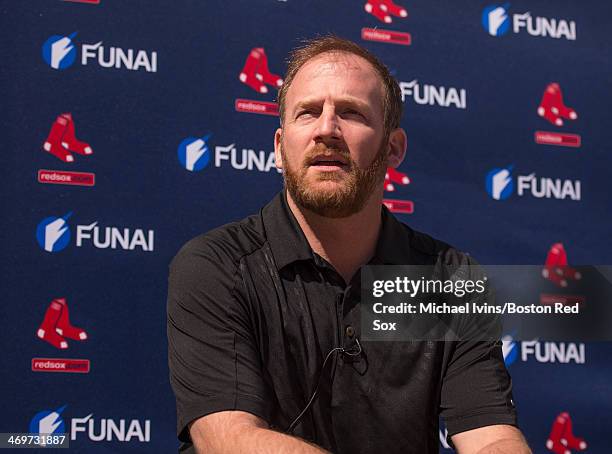 Ryan Dempster of the Boston Red Sox announces that he will not pitch during the 2014 season during a press conference at Fenway South on February 16,...