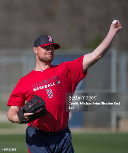Jon Lester of the Boston Red Sox throws during a Spring Training workout at Fenway South on February 16, 2014 in Fort Myers, Florida.