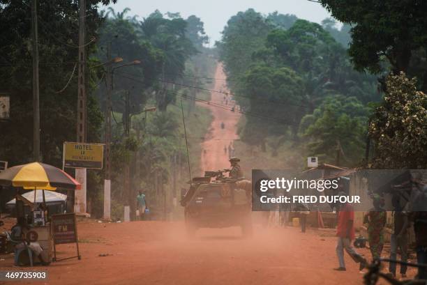 French soldiers patrol in Berberati, southwest of Central African Republic, on February 16, 2014. Troops from several EU countries will begin...