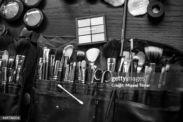 An image of a bunch of brushes at the backstage during day one of Mercedes-Benz Fashion Week Mexico Fall/Winter 2015 at Campo Marte on April 14, 2015...