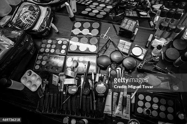 Makeups are seen at backstage during day one of Mercedes-Benz Fashion Week Mexico Fall/Winter 2015 at Campo Marte on April 14, 2015 in Mexico City,...