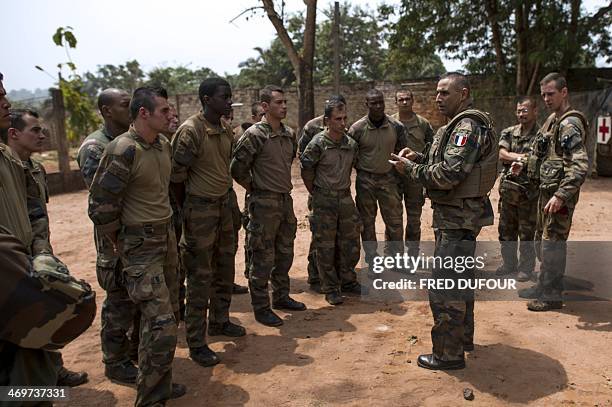 French Sangaris' forces Commander general Francisco Soriano speaks to French troops in a base camp during a visit in Berberati, southwest of Central...