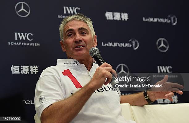 Laureus World Sports Academy member Mick Doohan talks during a media interview at the Shanghai Grand Theatre prior to the 2015 Laureus World Sports...