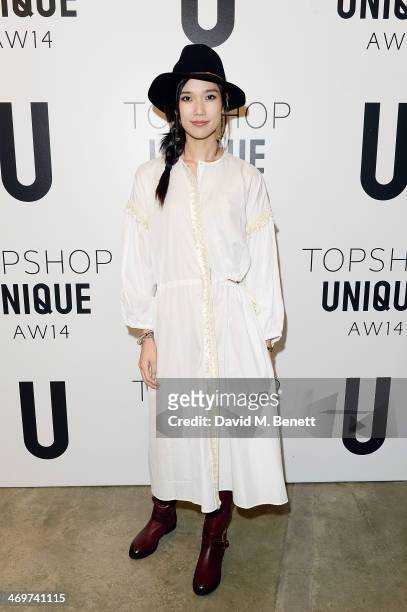 Tao Okamoto attends the Topshop Unique show at London Fashion Week AW14 at Tate Modern on February 16, 2014 in London, England.