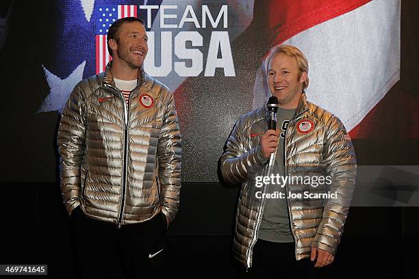 Olympians Bode Miller and Andrew Weibrecht visit the USA House in the Olympic Village on February 16, 2014 in Sochi, Russia.