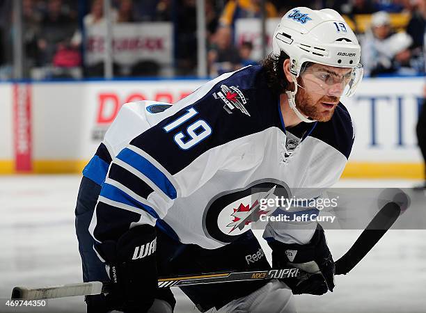 Jim Slater of the Winnipeg Jets waits to face off against the St. Louis Blues on April 7, 2015 at the Scottrade Center in St. Louis, Missouri.