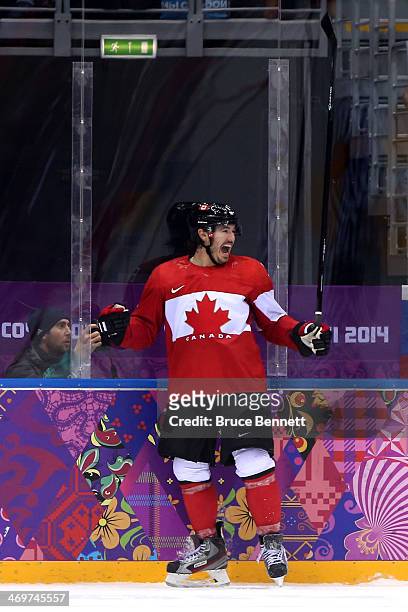 Drew Doughty of Canada celebrates after scoring the game winning goal in overtime against Tuukka Rask of Finland during the Men's Ice Hockey...