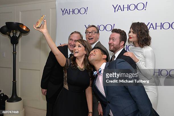 Actors Trace Beaulieu and Milana Vayntrub, producer Paul Feig, and actors Neil Casey, Conor Leslie and Eugene Cordero take a selfie at the launch...