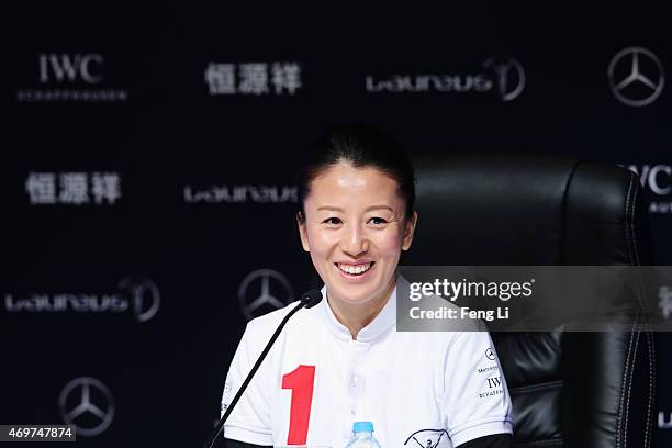 Laureus World Sports Academy member Yang Yang during a media interview at the Shanghai Grand Theatre prior to the 2015 Laureus World Sports Awards on...